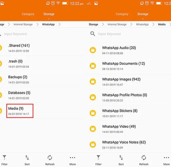 Where is the WhatsApp folder hidden in File Manager