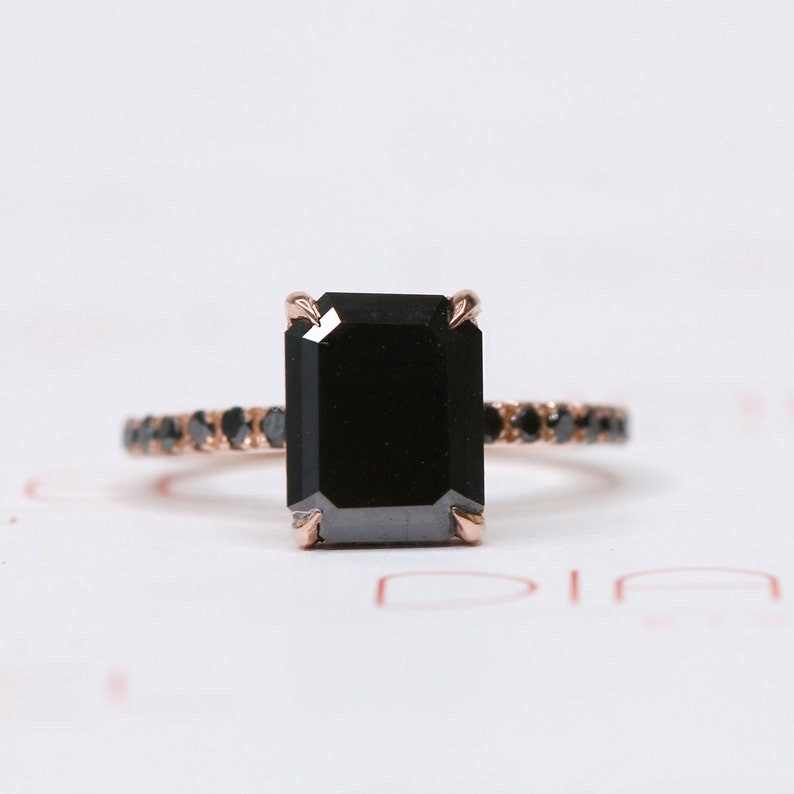Emerald Cut Black Diamond Art Deco Engagement Ring