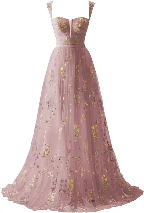 Zepumen Flower Embroidery Tulle Prom Dress