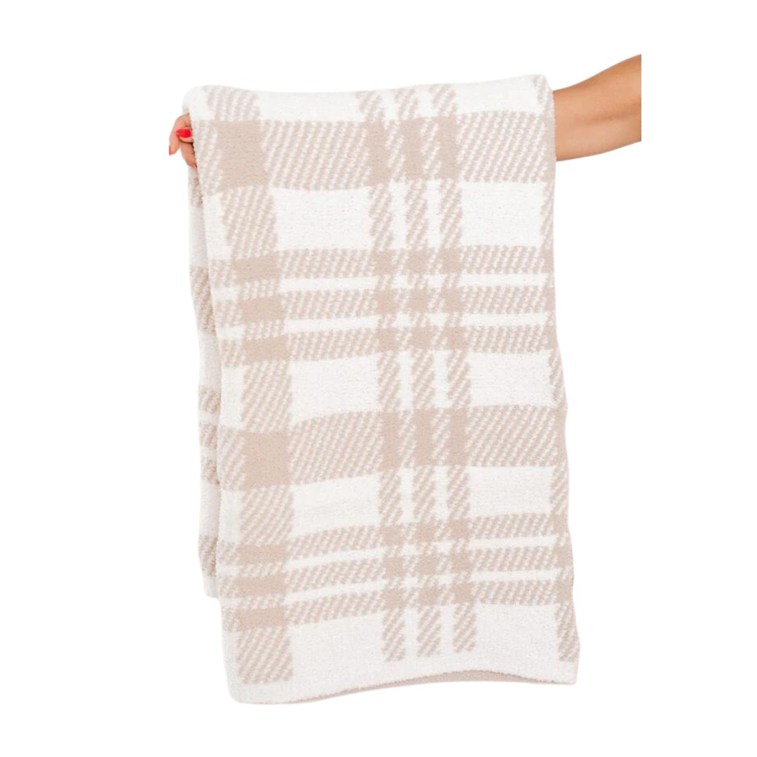 make me believe taupe plaid blanket from pink lily