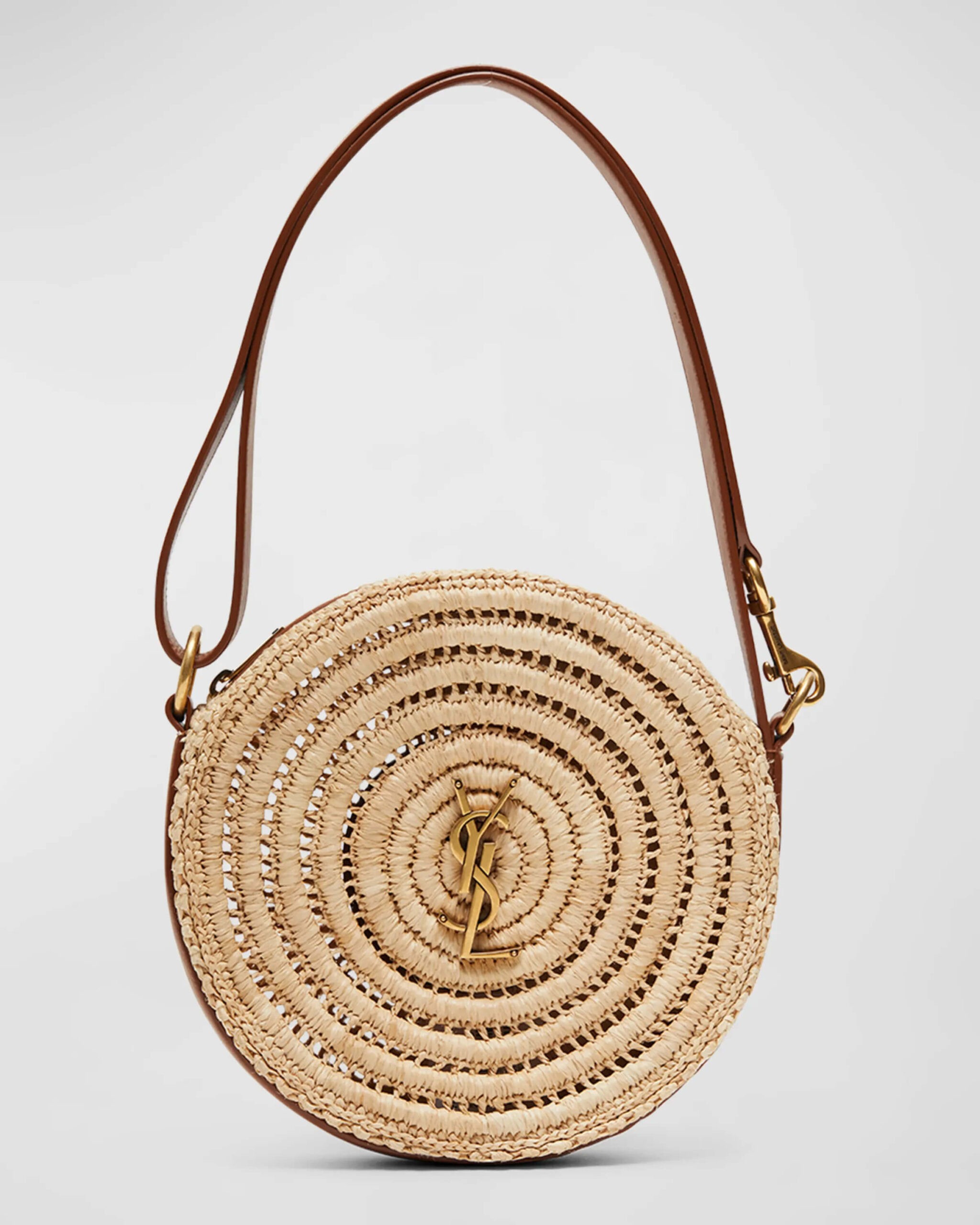 YSL Monogram Round Shoulder Bag in Raffia