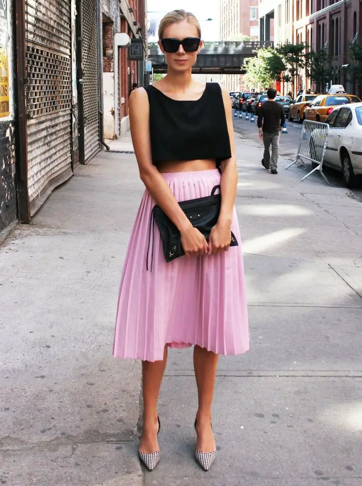 Try a Girly Pink Midi Skirt with a Bodysuit