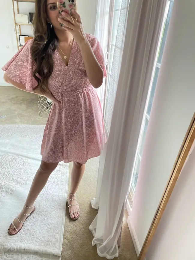 Romwe Pink Short Sleeve V-neck Dress