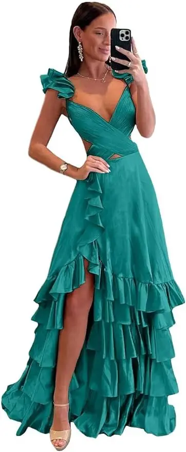 pfectdy Satin Tiered Ball Gown