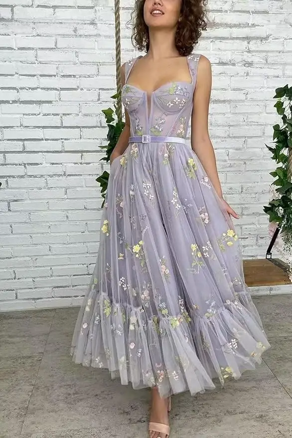 Xijun Flower Embroidered Tulle Prom Dress