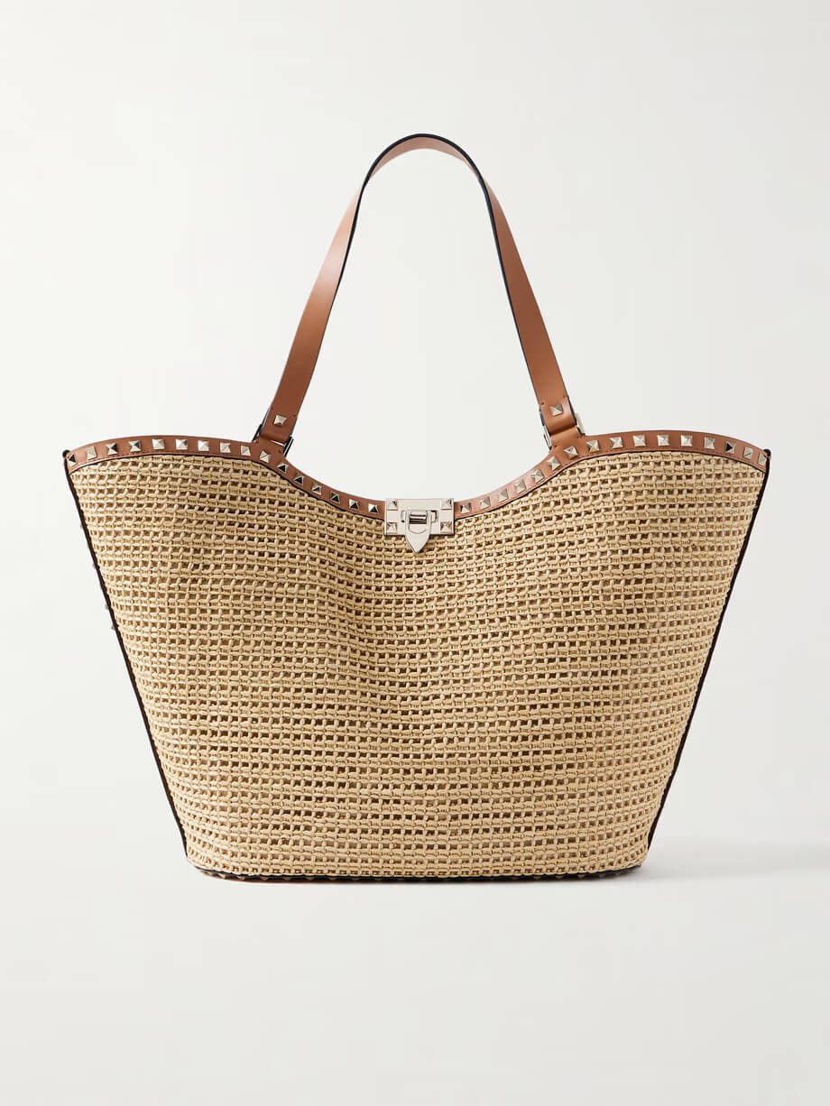 valentino Rockstud leather-trimmed raffia tote