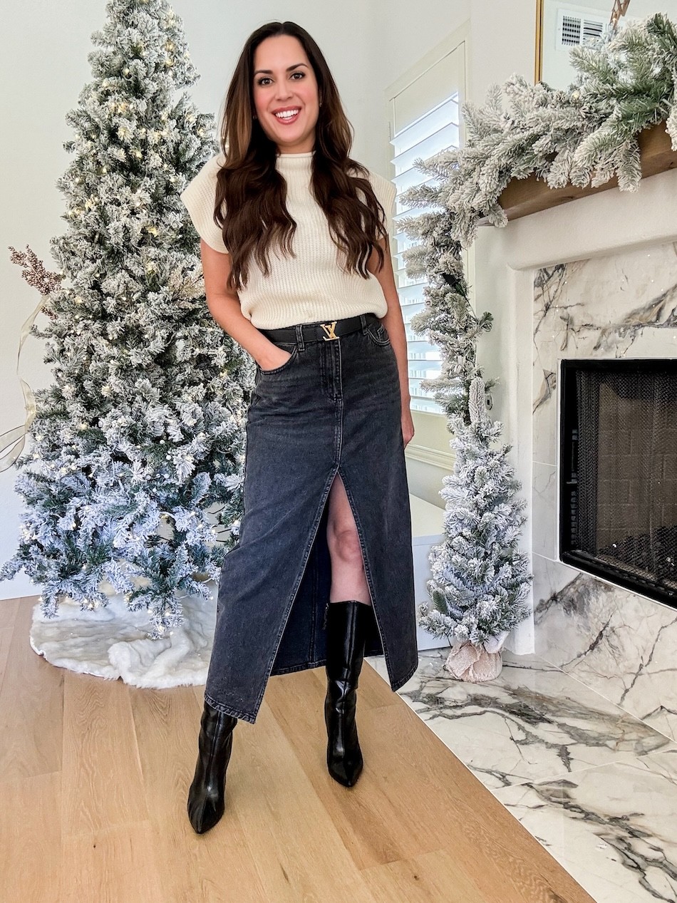 Style a Denim Midi Skirt with Boots